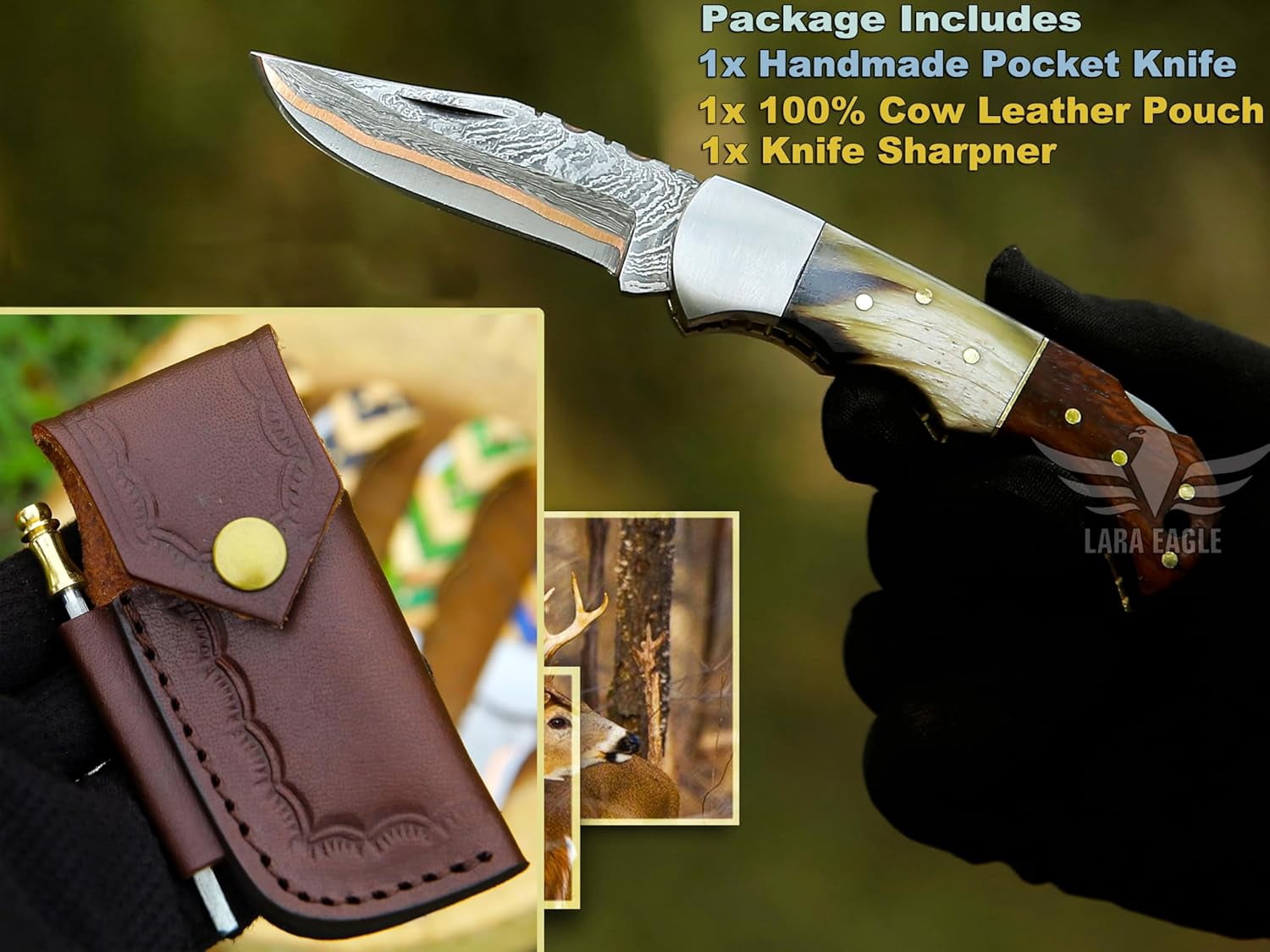 Copper Damascus Pocket Knife – Ram Horn & Rose Wood Handle, Folding Tactical Hunting Knife with Sheath & Sharpener – Great for Camping, Hiking, and Survival