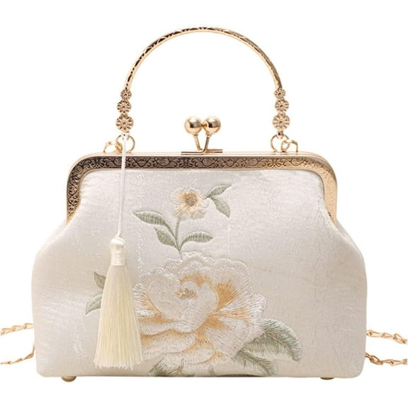 Ladies Retro Shoulder Chain Messenger Clutch Bag Chinese Embroidery White Peony Elegant Flower Evening Bag