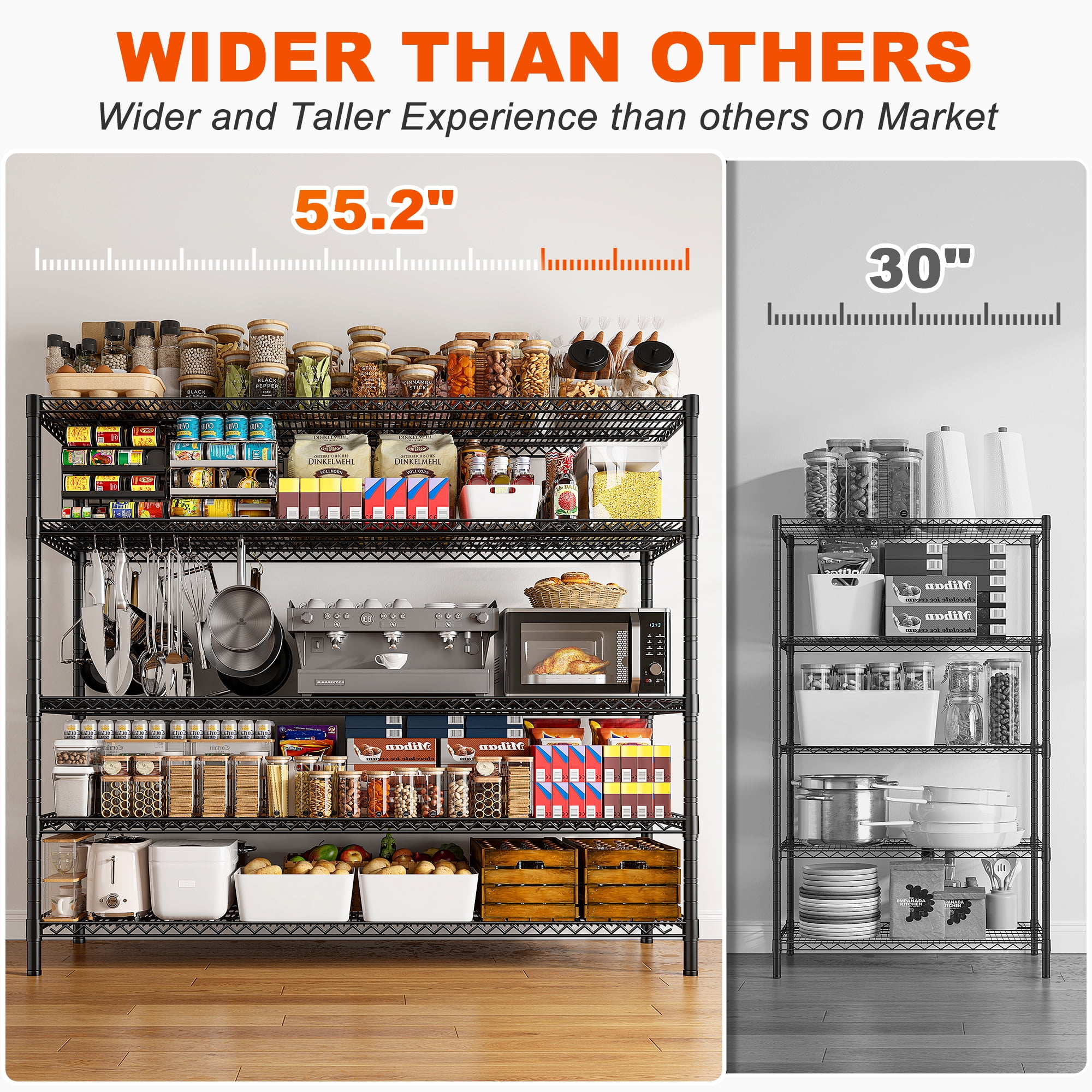 55.2"W x 85.8"H Wire Shelving Rack 3000Lbs Metal Storage Shelves with Wheels 5 Tier Heavy Duty Storage Rack for Garage Rolling Shelving Unit Adjustable Steel Shelves for Kitchen Pantry, Black