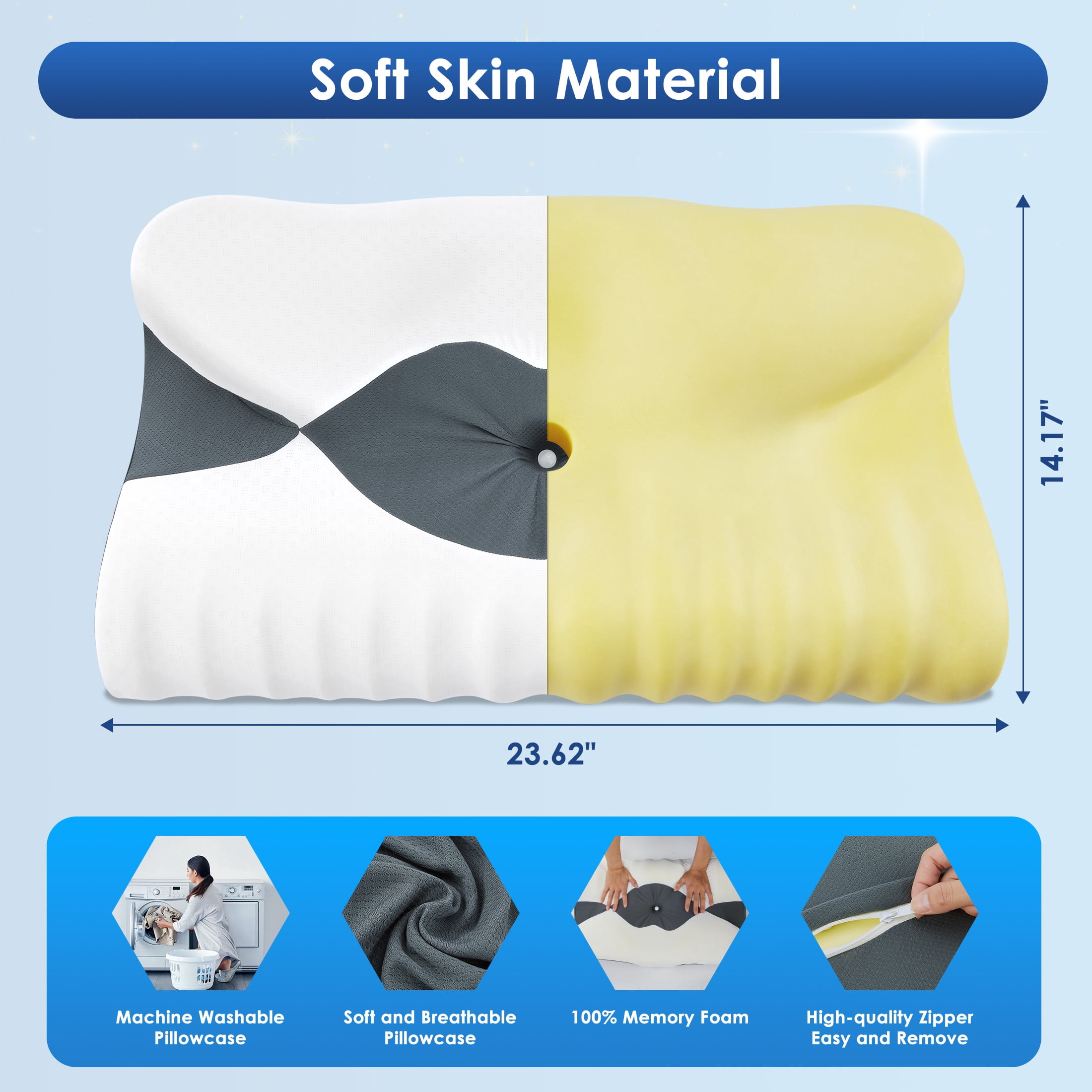 Ergonomic Cervical Memory Foam Pillow for Neck Pain Relief, Orthopedic Contour Pillow with Breathable Cover, for Side, Back, and Stomach Sleepers, Queen Size 23.6"x14.2"x4.7", Dark Grey
