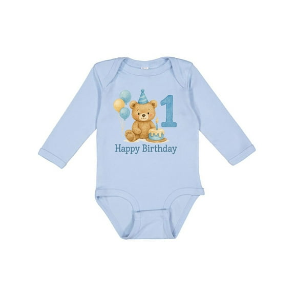 Inktastic 1st Birthday Bear with Cake and Balloons Boys or Girls Long Sleeve Baby Bodysuit