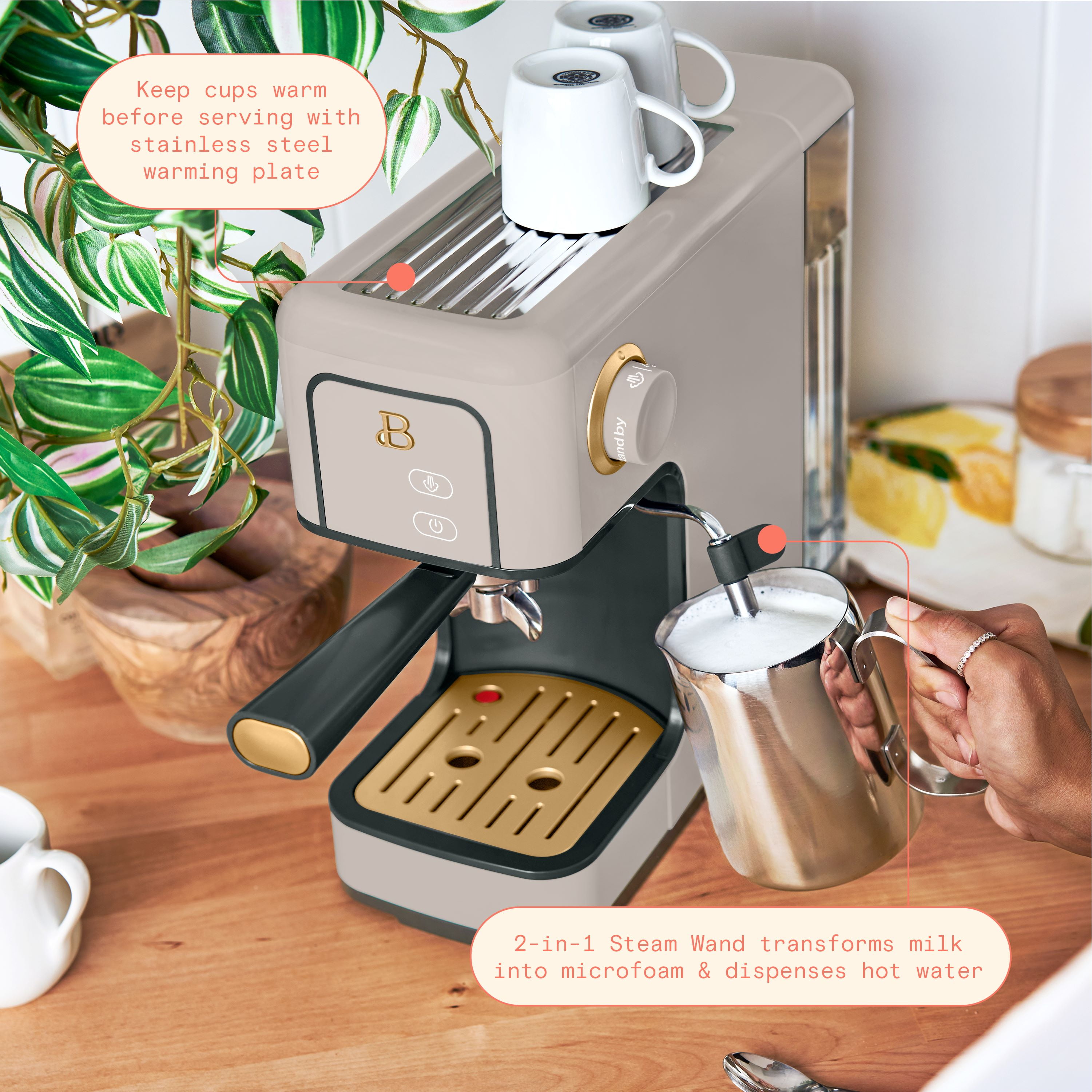 Beautiful Slim Espresso Machine with 20-Bar Pressure, Porcini Taupe by Drew Barrymore
