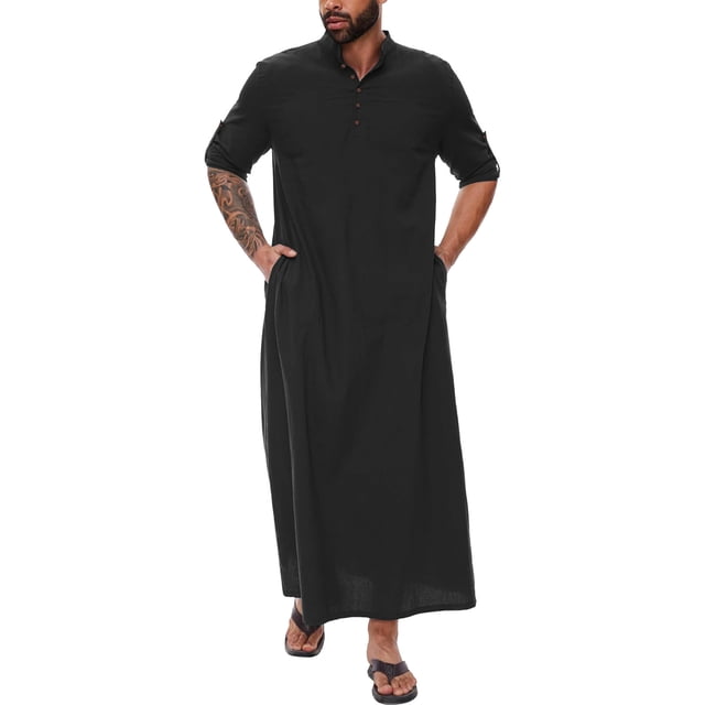Men’s Middle Arabic Style Long Sleeve Shirt Robe with Side Slits and Practical Pocket - Button Front Wear for Everyday Comfort