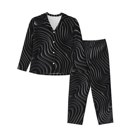 JUNZAN Abstract Black And White Waves Print Womens Pajama Sets Long Sleeve Button Down for Women Pjs 2 piece-Small