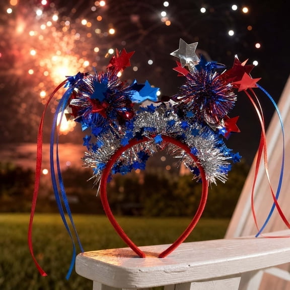 Patriotic Red White Blue Headband, Sparkly Tinsel & Star Hair Hoop for 4th of July Parties