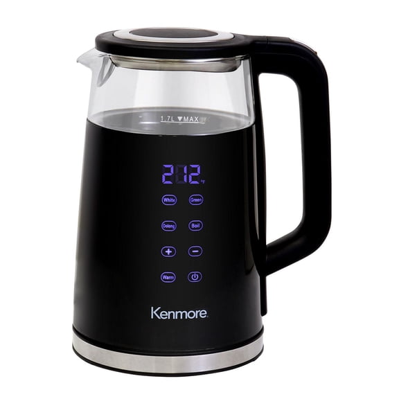 Kenmore 1.7L Electric Kettle Portable Electric Glass Kettle with Temperature Control Digital Display, Lid Glass Electric Kettle, Black
