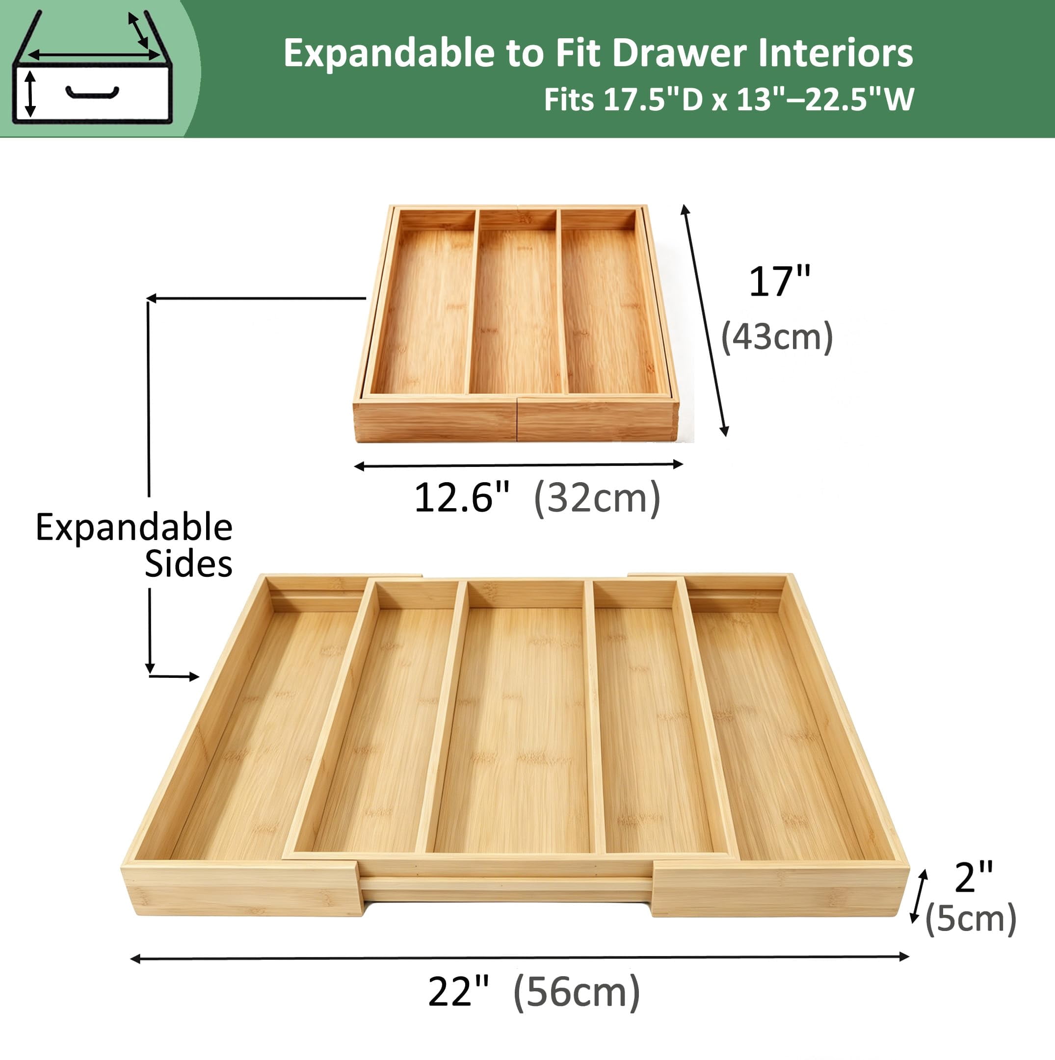 Bamboo Expandable Kitchen Drawer Organizer, Adjustable Utensil Holder and Cutlery Tray Organiser, Drawer Divider for Silverware, Flatware, Knives in Kitchen, Bedroom, Living Room, 5 Slot