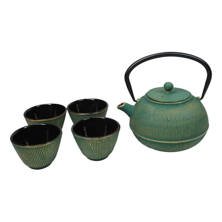 Green Tokusa Gold Streaks Tetsubin 27oz Cast Iron Tea Pot With 4 Cups Set