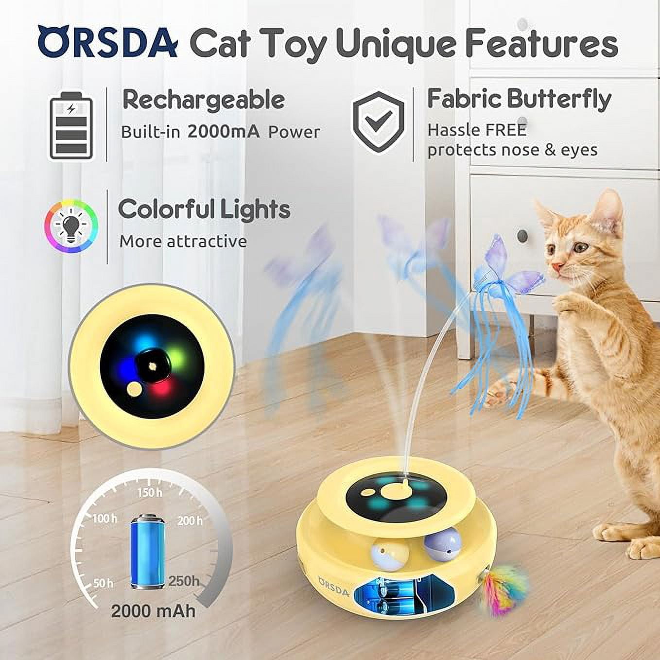 ORSDA 3-in-1 Cat Toys Rechargeable, Interactive Cat Toys for Indoor Cats Automatic Kitten Toy, Moving Ambush Feather, Fluttering Butterfly Toy, Track Balls, Whack a mole Cat Teaser with 9 Attachments