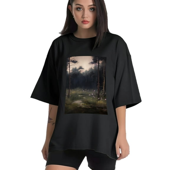 Plus Size Shirt for Women Black Tops for Women Short Sleeves Shirt for Women Forest T Shirt Crewneck Shirt for Women XS