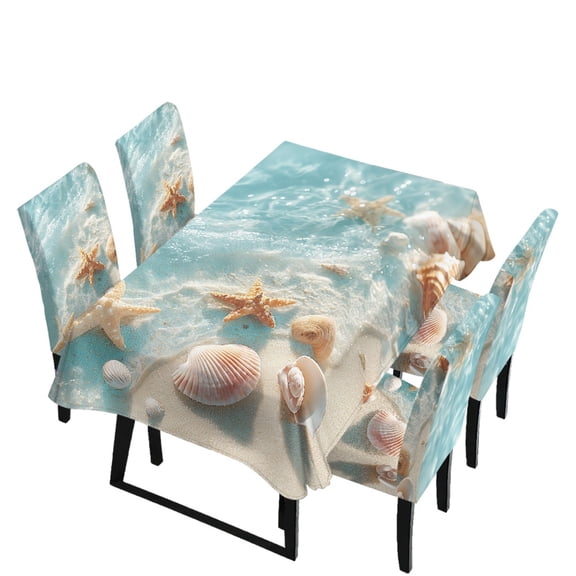 Xoenoiee Beach Starfish Seashell Conch Pattern Tablecloth Chair Cover Set, Washable Table Cloth with Parsons Chair Slipcovers Protective Set of 4 for Home Restaurant Banquet (5 PCS)