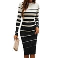 thumbnail image 2 of Female Fashion Striped Dress Long Sleeve Crew Neck Bodycon Midi Ribbed Knit Slim Fit Sweater Dress White XL, 2 of 7