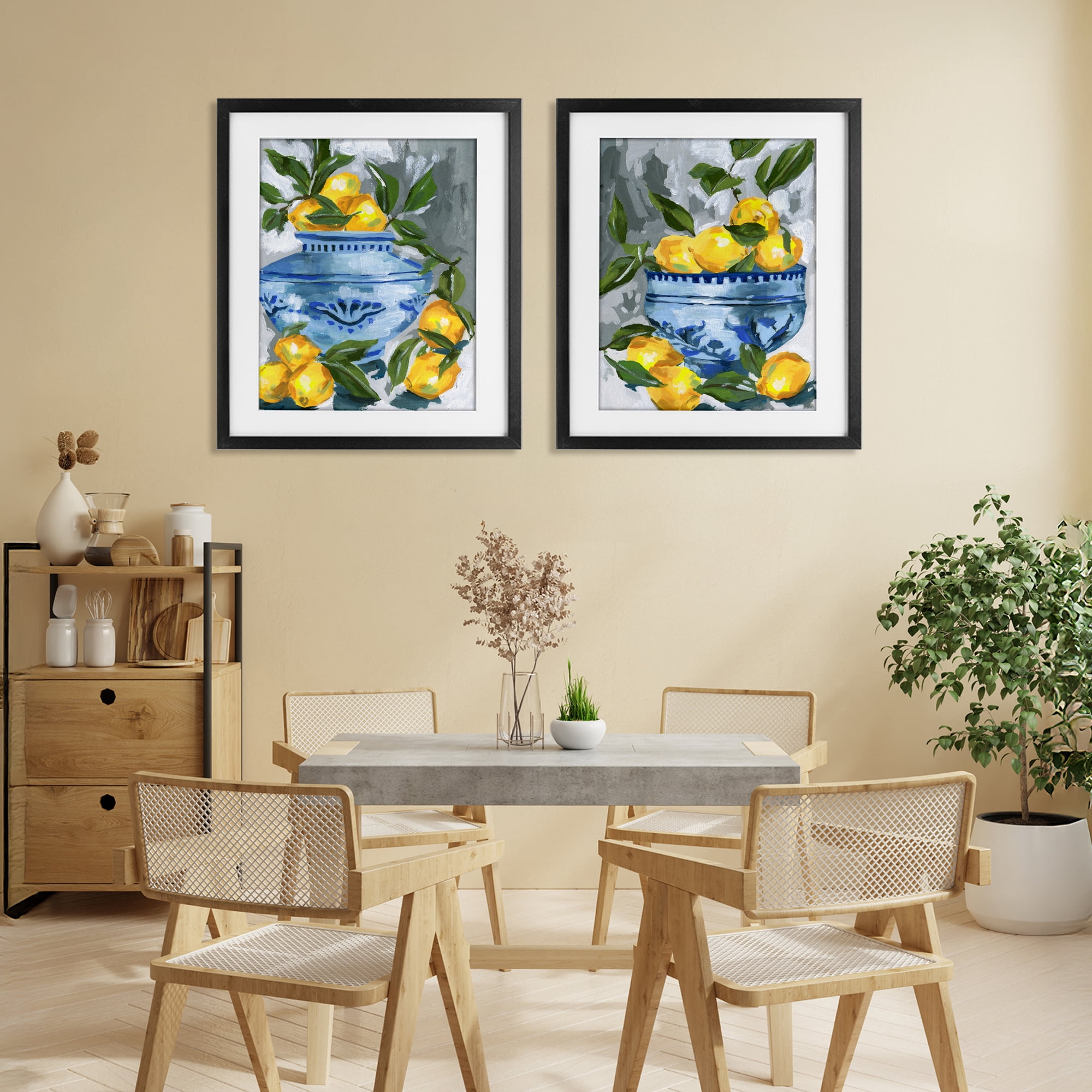 Stupell Industries Indigo & Lemon Citrus Fruits 2 Piece Black Framed Print Under Glass Set, design by Melissa Wang