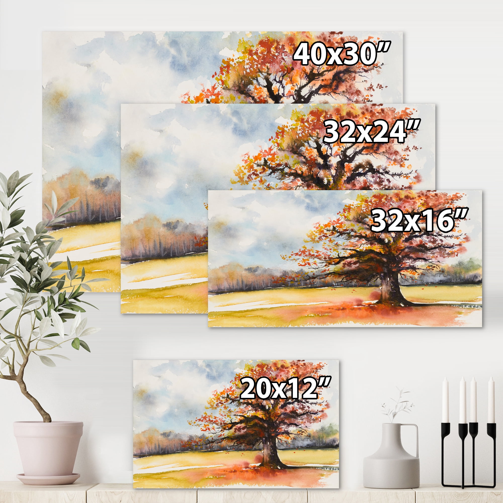 Designart ' Lone Oak Tree In The Fields With Autum Leaves ' Traditional Canvas Wall Art Print