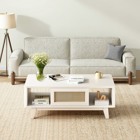 MAYEERTY 44"White Modern Square Wooden Coffee Table with Rattan Drawer for Living Room