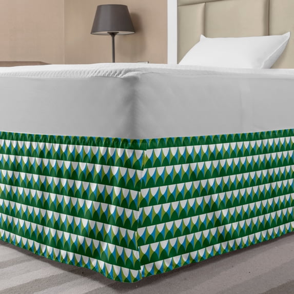 Abstract Bed Skirt, Repetitive Pattern Ornamental Geometric Shapes Retro Influences, Elastic Bedskirt Dust Ruffle Wrap Around for Bedding Decor, 4 Sizes, Emerald Blue and Apple Green, by Ambesonne