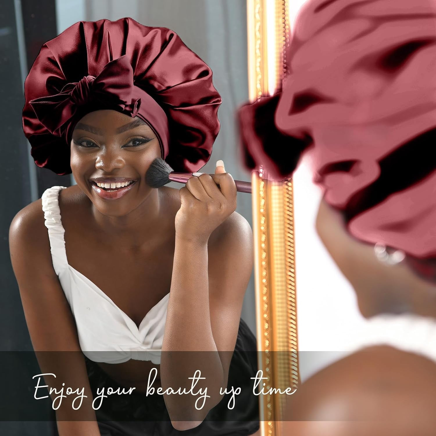 Silk Bonnet for Sleeping Women Satin Bonnet Double Layer Satin Lined Hair Bonnet with Tie Band Curly Hair Blush Pink