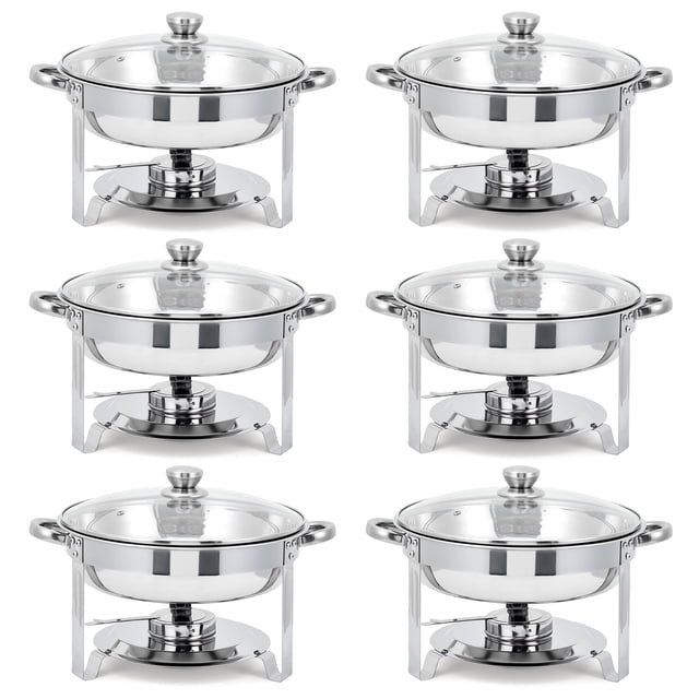 Ensemble de Buffets à Réchaud en Acier Inoxydable Robuste – Lot de 6 Réchauds Alimentaires de 5 Qt avec Couvercles en Verre, Porte-Carburant, Casseroles pour Aliments et Eau – Parfait pour la Restauration, les Mariages, les Événements (6 Pcs)