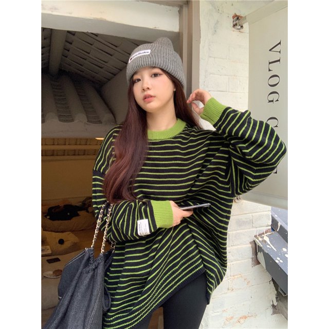 Suéteres de rayas para mujer, elegantes, con paneles, de punto, combinables, para ocio, de nicho, con cuello redondo, modernos, ropa de calle para estudiantes, sencillos, de otoño y con estilo.