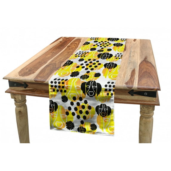 Modern Table Runner, Dog Lover Abstract Grunge Artwork Pattern of Dots and Puppy Heads, Dining Room Kitchen Rectangular Runner, 3 Sizes, by Ambesonne