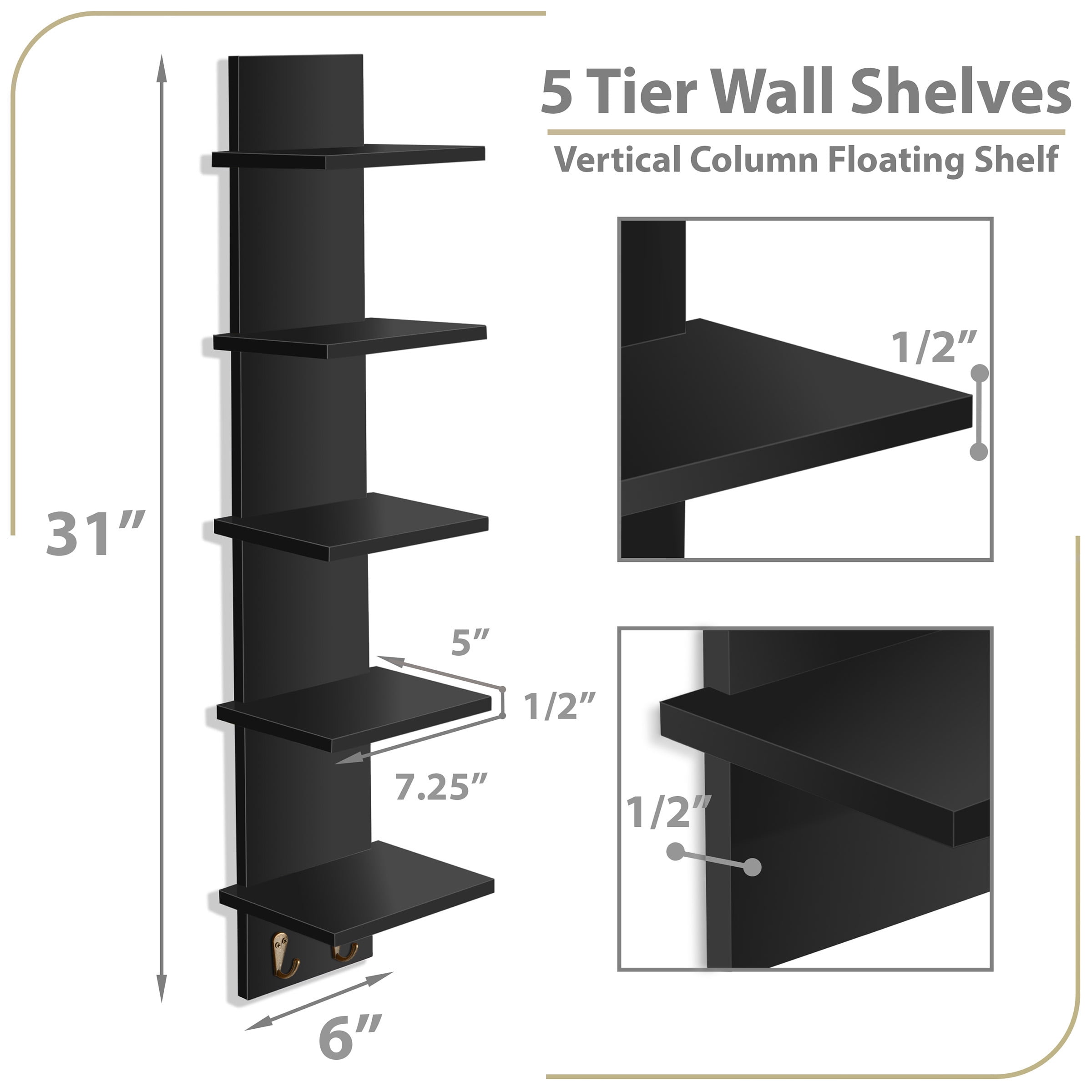 Sorbus 5-Tier Wall Shelf with Hooks, Floating Shelves for Bathroom, Bedroom, Living Room, Wall-Mounted Storage Organizer, Black