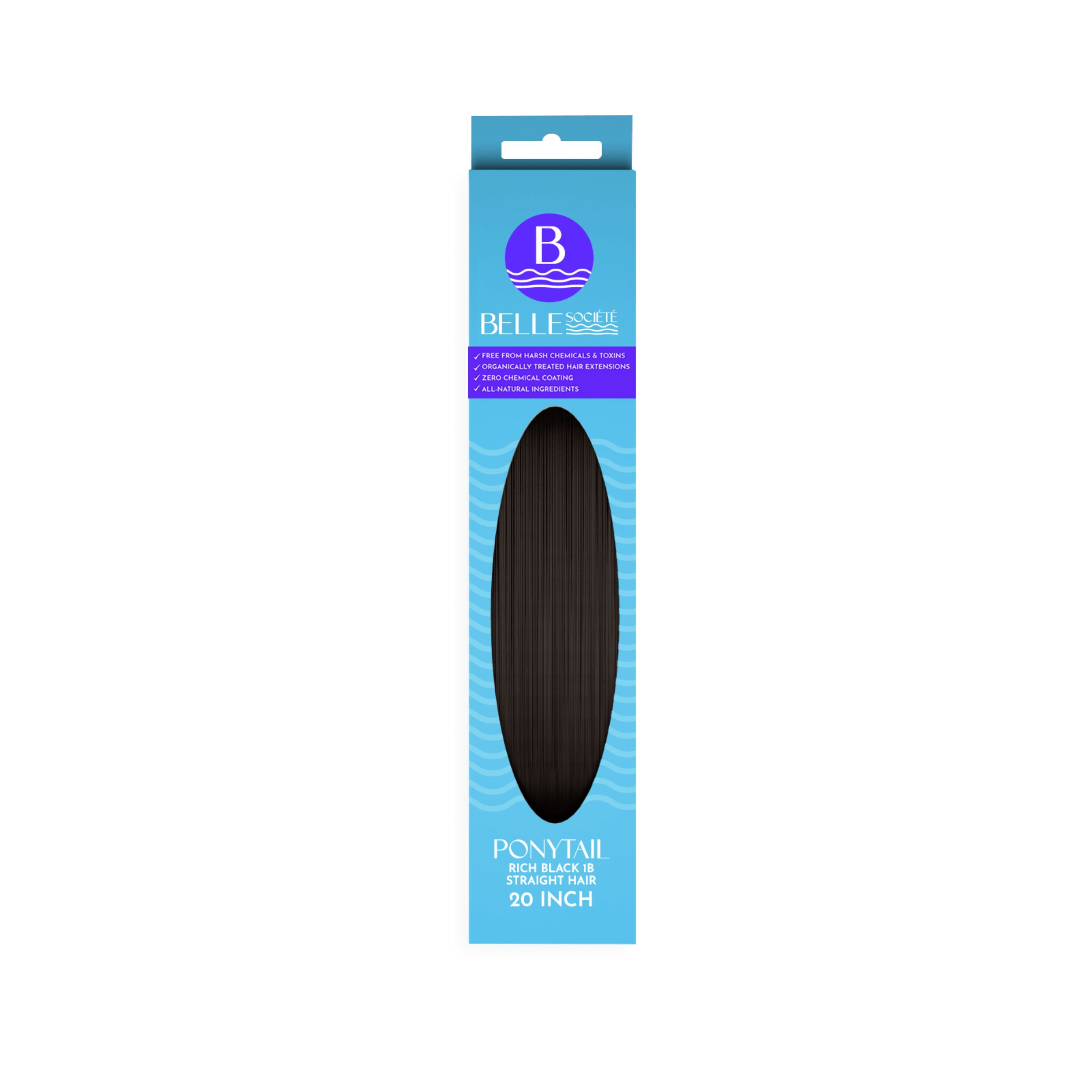 Belle Societe Silky Straight Drawstring Ponytail Extension, 20in, 140g, Color 1B, Non-Toxic, Organically Treated, Quick Easy Install