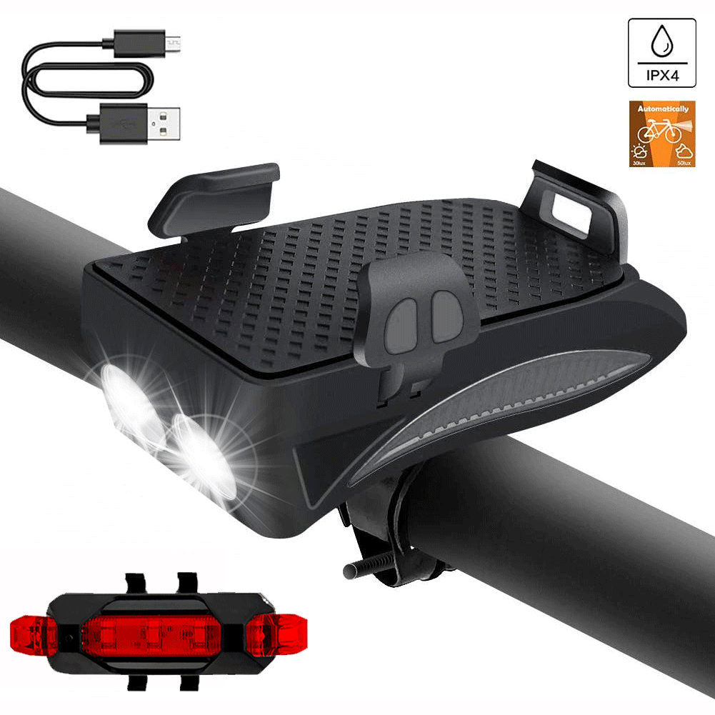 Bicycle USB Rechargeable Bike Light Headlight Taillight & Smart Phone Holder Set 