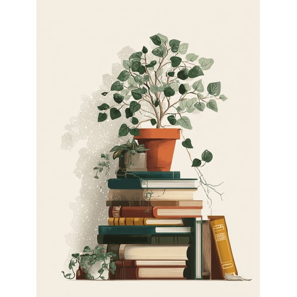 QISVANSET Botanical Books Stack Canvas Wall Art 15.75x11.81 Inches