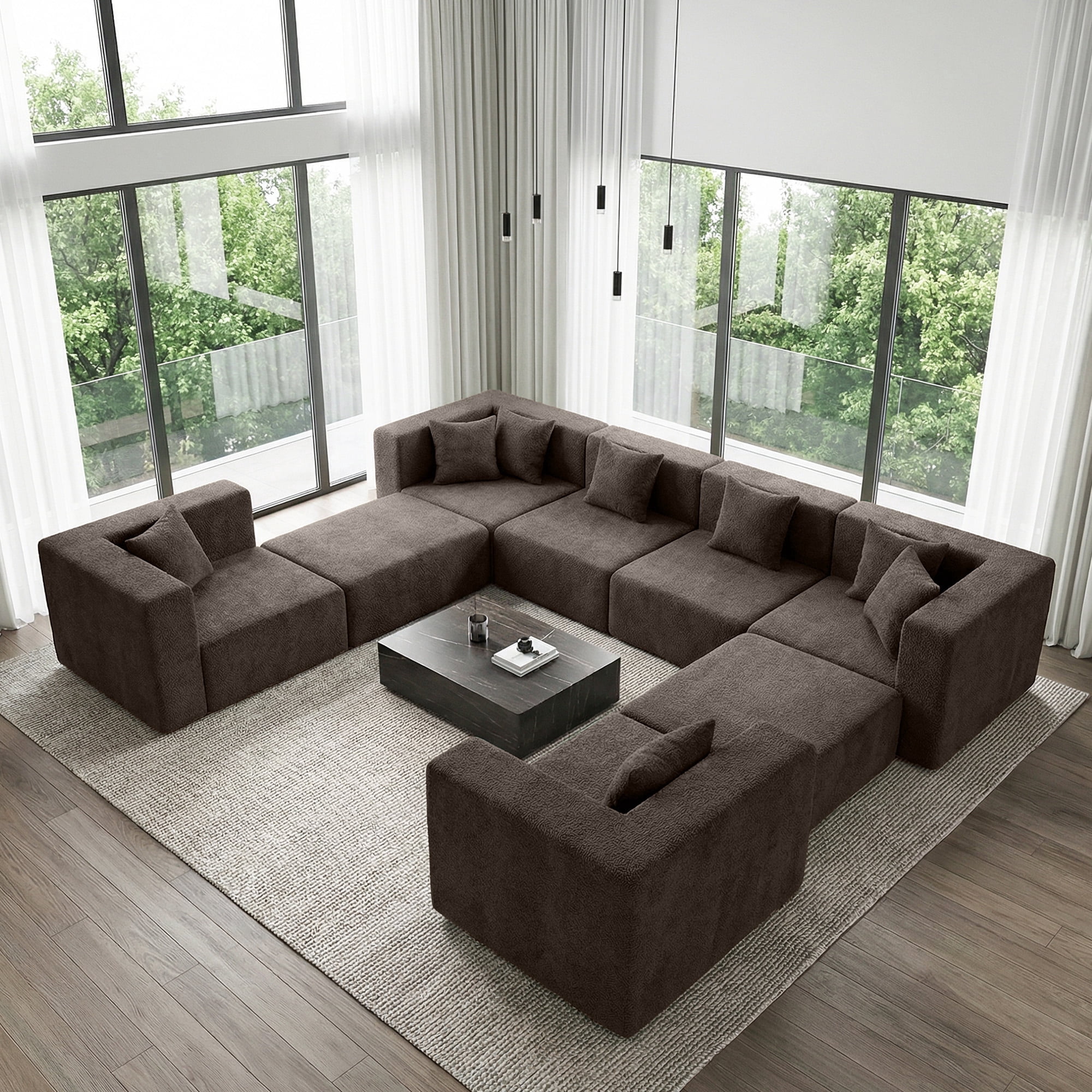 BEHOST 130" 8-Piece Modular Sectional Sofa with Ottomans, U-Shaped Pit Couch for Living Room, Modern Teddy Fabric Cloud Couch Set, Large Sleeper Sofa with Deep Seats, Coffee Brown