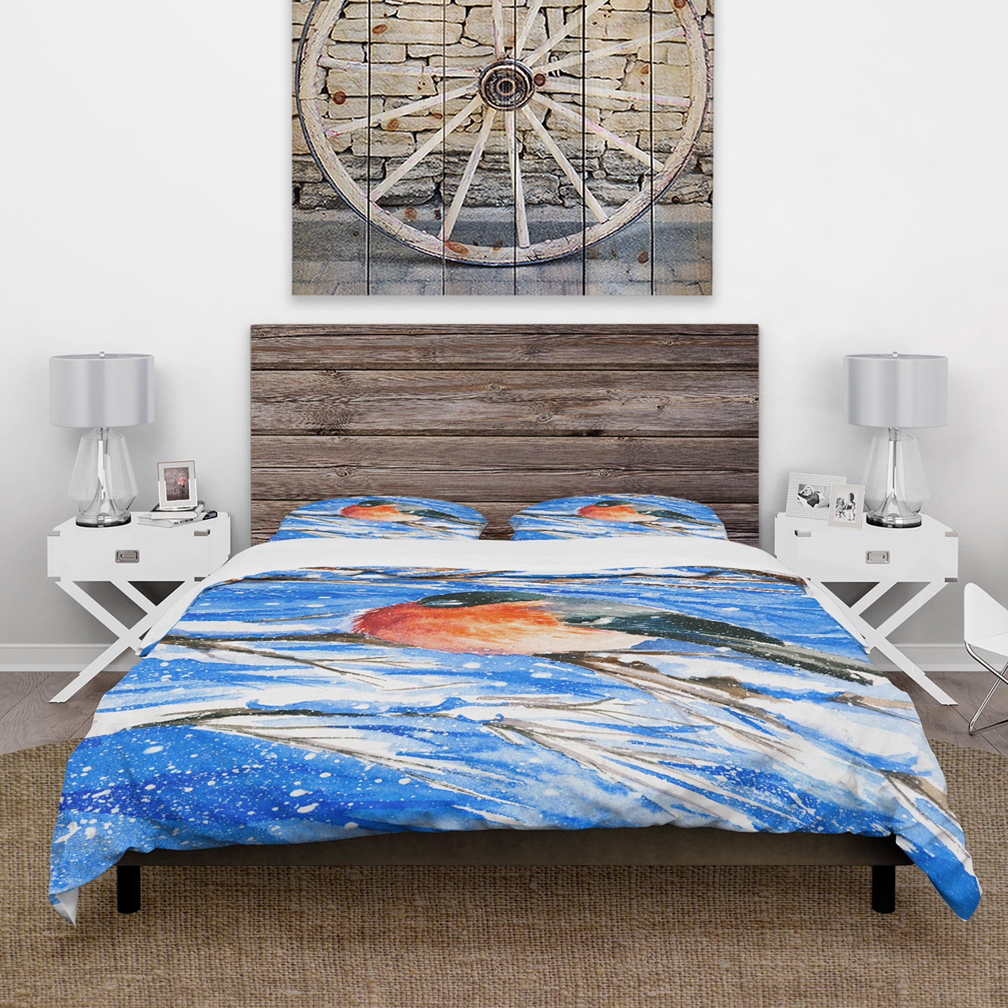 Designart 'Bullfinch in Snow Storm' Animals Duvet Cover Set