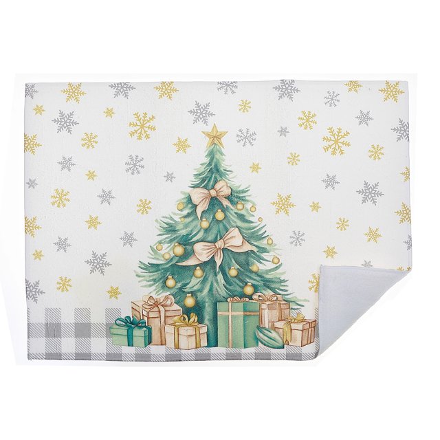 Microfibre Drying Mat (Christmas Tree) - Set of 2 with a white surface featuring a central green Christmas tree decorated with gold ornaments and beige bows, surrounded by wrapped gifts in green and beige, gold and silver snowflakes scattered on the background, and a grey plaid border along the bottom, made from absorbent microfibre to protect countertops and dry dishes efficiently.