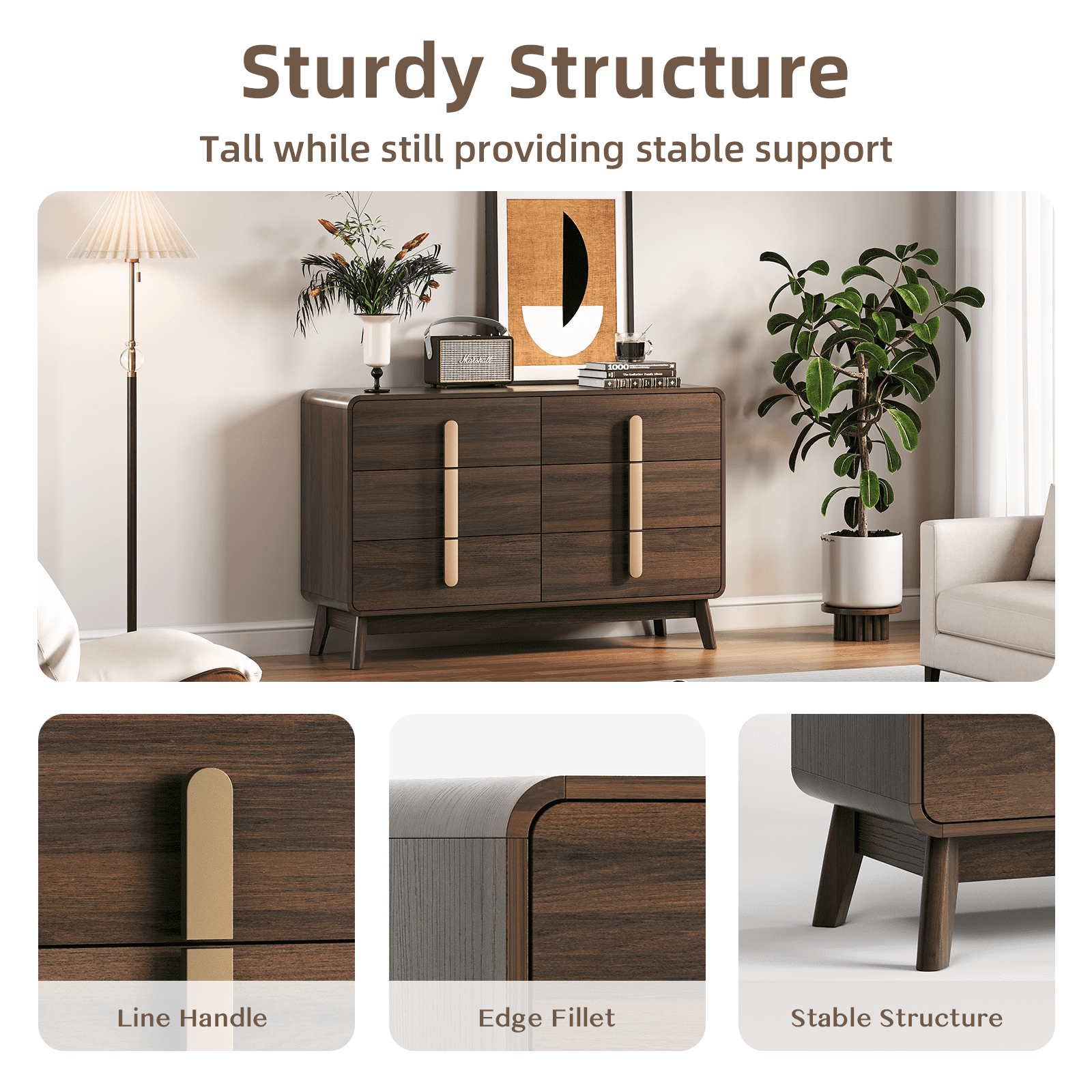 JOINICE Mid Century Modern 6 Drawer Dresser with Storage,Large Wood Drawer Organizer,for Bedroom,Black Walnut
