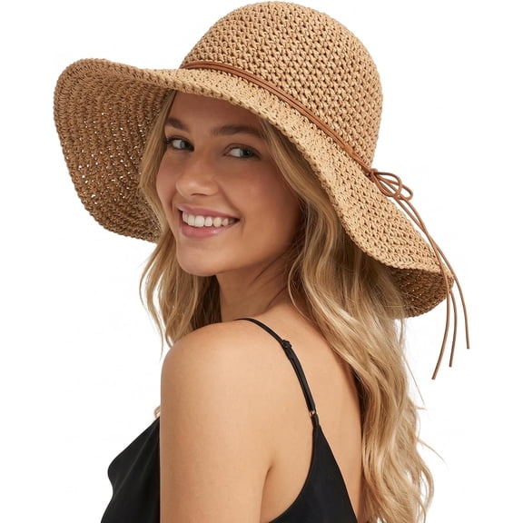 SHILINLANG Beach Sun Straw Hats for Women, Floppy Wide Brim Summer Straw Hats, Foldable Packable Roll up Cap