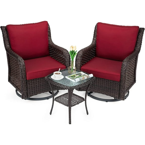 "Katidap Swivel Rocker Patio Chairs Set of 2 and Matching End Table, Ideal House 3 Pieces Wicker Patio Bistro with Premium Fabric Cushions for Yard, Garden, Balcony (Rust, Encryption Rattan)"
