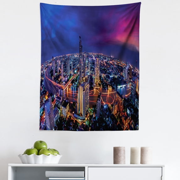 City Tapestry, Colorful Bangkok Scenery Landscape Birds Eye Shot Night Horizon Buildings, Fabric Wall Hanging Decor for Bedroom Living Room Dorm, 5 Sizes, Eggplant and Multicolor, by Ambesonne