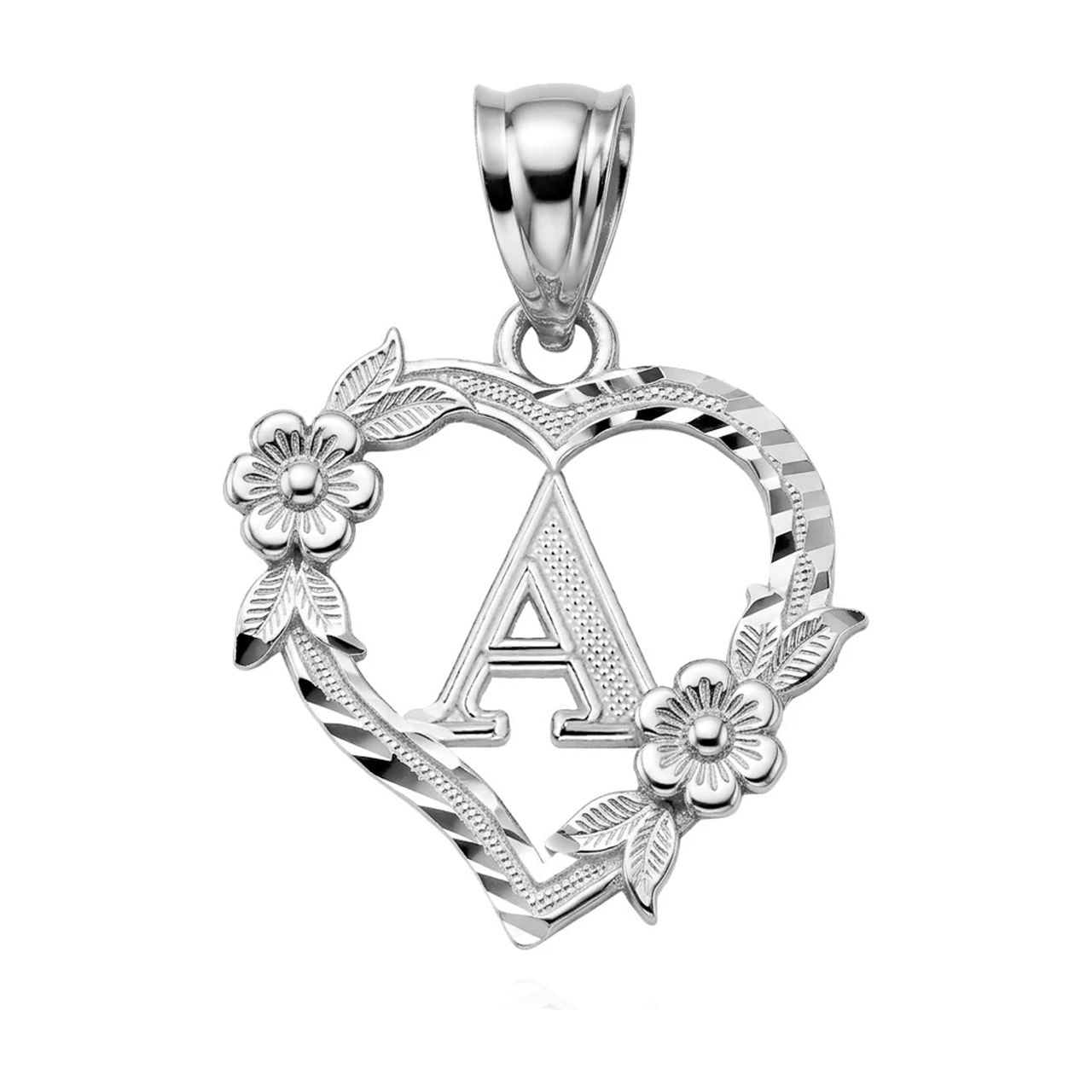 925 Sterling Silver Letter Initial Flower Heart Monogram Pendant Initial A (PENDANT ONLY)