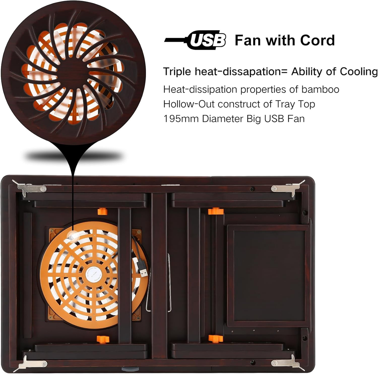 Bamboo Laptop Desk for Bed with Adjustable Fan, Drawer & Phone Slot - 7 Angles 4 Heights Foldable Lap Table