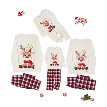 

Family Matching Christmas Pjs Cartoon Deer Print Crew Neck Long Sleeve Tops Plaid Pants Sleepwear Set