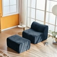 thumbnail image 2 of Foam Compression Sofa Chair, Single Lounge Chair with Adjustable Footrest and Included Pillow, Velvet Upholstered Modern Minimalist Chair for Small Space, Living Room, Bedroom, or Dorm, Blue, 2 of 11