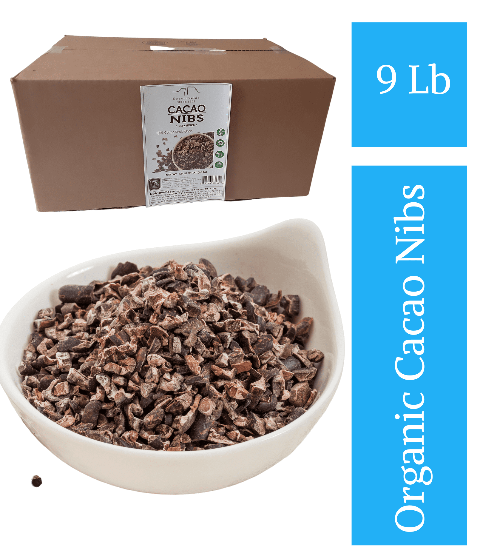Greenfields Superfoods Organic Cacao Nibs BULK 9 Lb, WHOLESALE