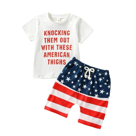 

Qtinghua 4th of July Baby Boy Outfit Short Sleeve Letter Print T-Shirt Tops+Stars Striped Shorts Summer Clothes White 3-4 Years