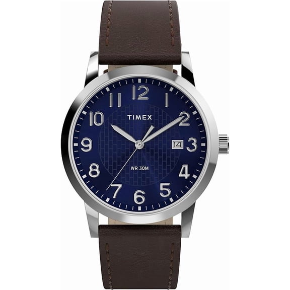 Timex Men's Main Street 38mm Watch - Brown Strap Blue Dial Silver-Tone Case