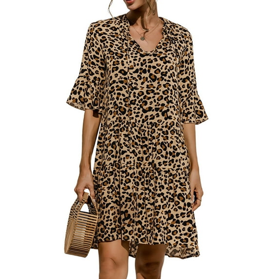 Avamo Women Summer Boho Floral Dress Short Sleeve Ruffle Sleeve V Neck Knee Long Dress Solid Color Loose Fit Flowy Pleated Midi Dress