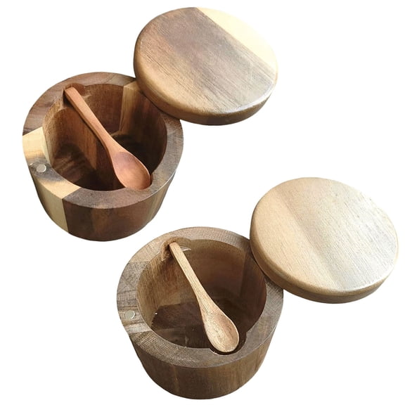 2 Pcs Acacia Wood Salt Cellars, Built-in Spoons, Secure-Clasp Lids, Single & Double Compartment Spice Containers, Dustproof Moisture-proof Seasoning Storage for Kitchen, 3.54 x 3.54 x 2.76 in