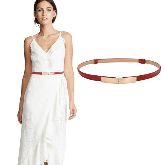 Miorin Women Belt Elastic Metal Skinny Waist Belt for Dresses Under $ 5, Thin Stretch Belt with Interlocking Gold Buckle, Ladies Dress Belt for Jeans Pants, Red Belt