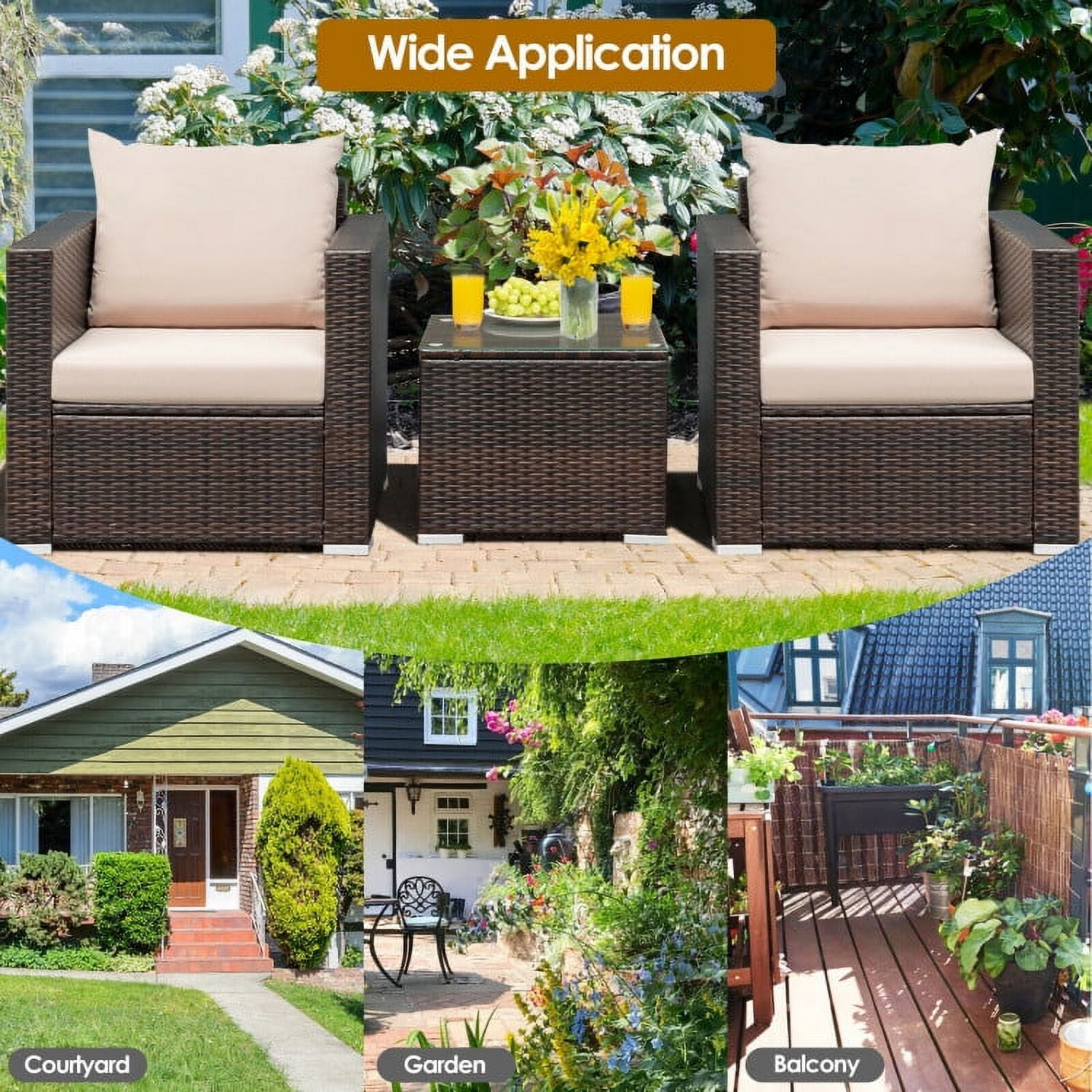 Aimee Lii 3 Pcs Patio Rattan Furniture Bistro Sofa Set with Cushioned, Modern Patio Furniture, Beige