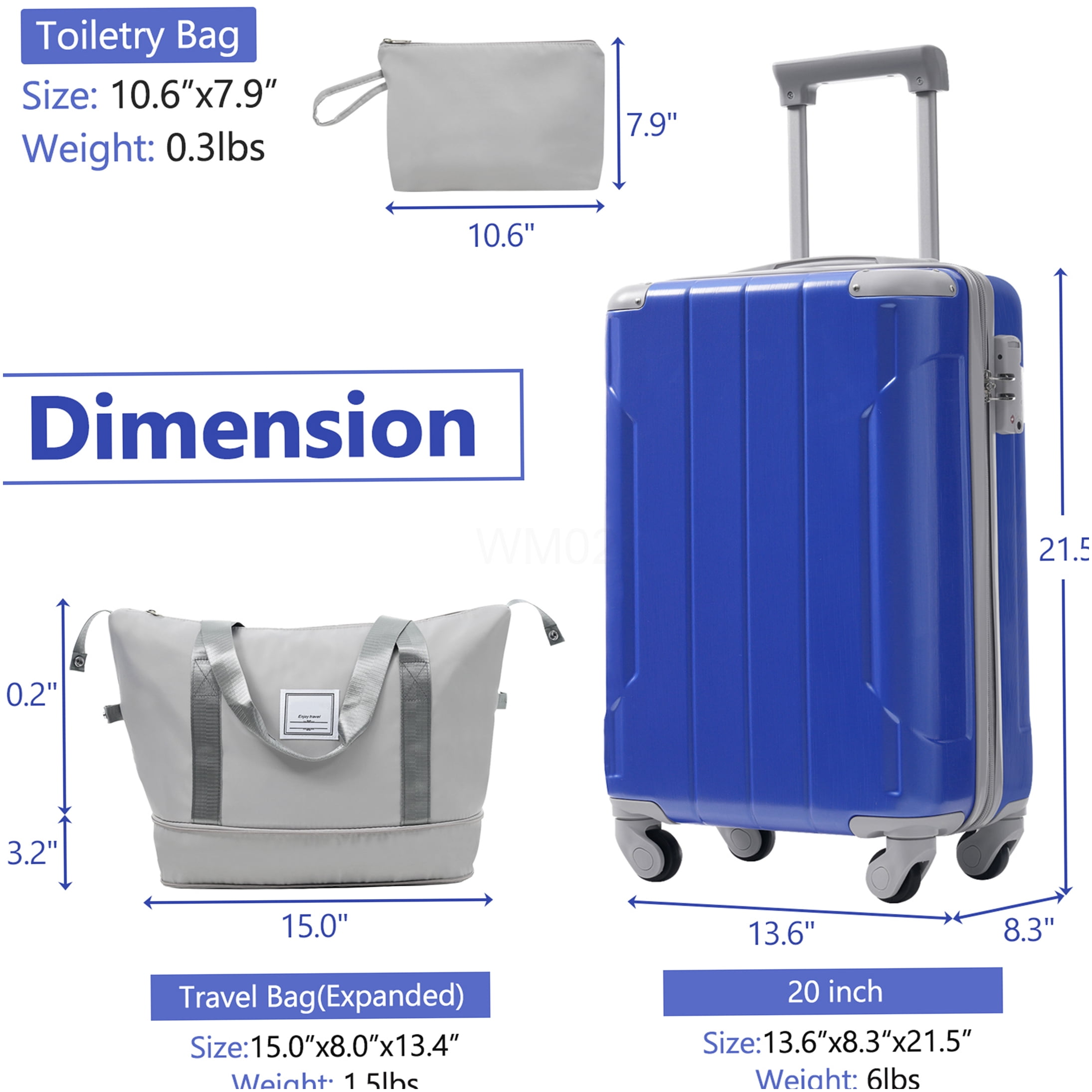 20 Inch Expandable Carry On Luggage Set 3 Piece, Lightweight ABS Hardshell Suitcase with 360° Spinner Wheels & TSA Lock for Air Travel, Dazzling Blue