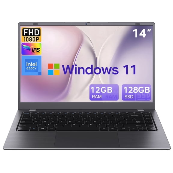14" FHD IPS Windows 11 Laptop, 128GB SSD 12GB RAM, Intel Processor, Dual 4K Output & Type-C PD, Office 2024 Included, for Business & Study, Dark Gray