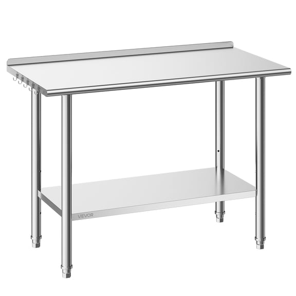 VEVOR Stainless Steel Work Table, 24x48 Inch Food Prep Table with Backsplash, Commercial Kitchen Workstation with Adjustable Undershelf, Metal Heavy Duty Utility Worktable,for Restaurant Home Outdoor