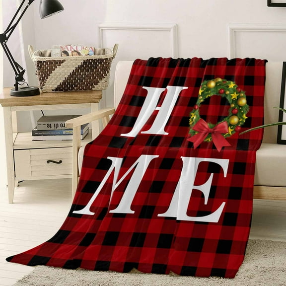 HOME Christmas Wreath Throw Flannel Blanket 50x60In Bow Vintage Red Black Check Super Soft Cozy Bed Blanket, Lightweight Plush Fuzzy Bed Throw for Bedroom Sofa Couch Living Room